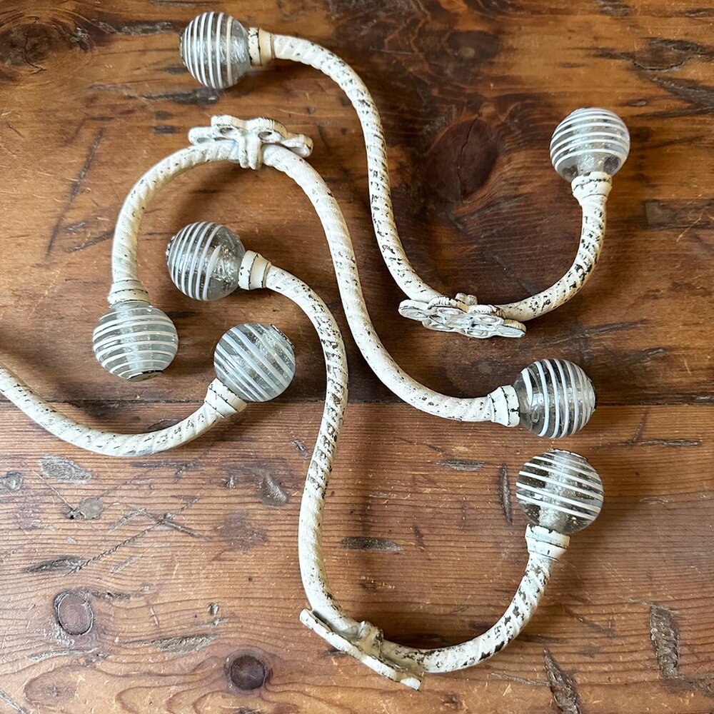 Anthropologie 4 Distressed White Glass & Iron Hooks NWOT